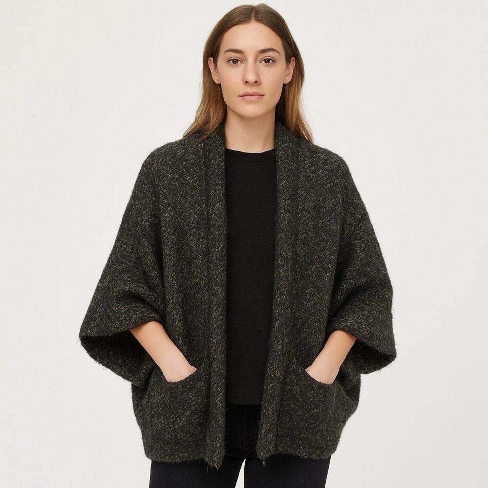 Charcoal Gray and Green Alpaca Blend Kimono Sleeve Sweater